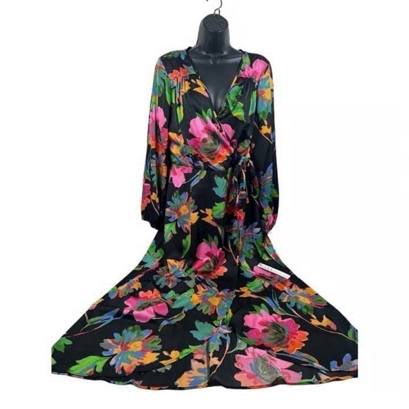 Nicole‎ Miller jewel tone bold floral print faux wrap silk rayon dress NWT - Picture 1 of 9